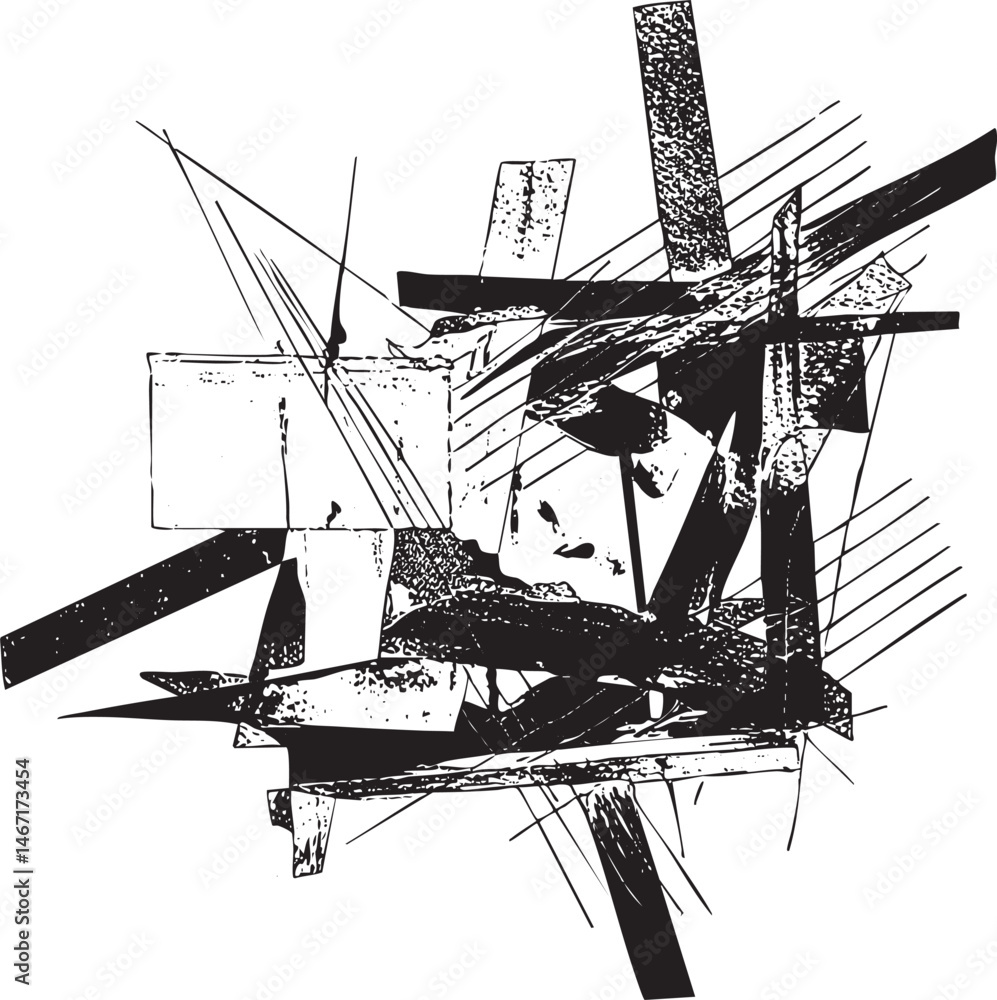 Poster a fragmented black and white composition features intersecting geometric shapes and lines.