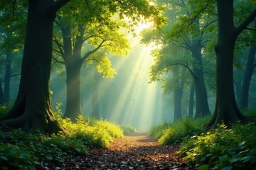 Naklejka premium Sunlight streams through canopy, dappling forest floor , environment, floor, foliage