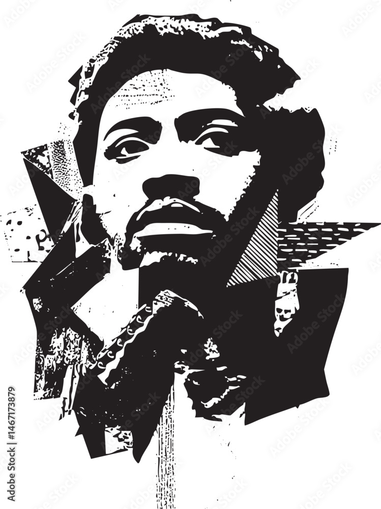 Poster a grayscale portrait of a man with a thoughtful expression constructed from fragmented geometric sha