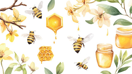 Honeycomb Watercolor Illustration: A delightful watercolor illustration featuring busy bees, golden honeycombs, and blooming yellow flowers, symbolizing the sweet reward of nature's industriousness.
