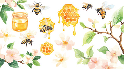 Beehive Bounty: A watercolor illustration showcases a charming collection of bees, honeycombs, honey jars, and blooming flowers, depicting the sweetness of nature.