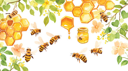 Honey Bee Watercolor: Delicate watercolor illustration depicts honey bees gathering nectar from a variety of flowers, buzzing near a golden beehive and overflowing honey pot.