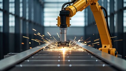 A robotic arm operates in a factory, creating sparks as it works on metal materials, showcasing modern industrial technology.
