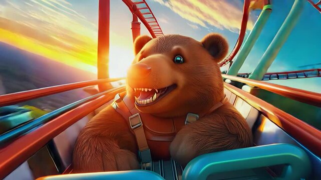 Experience the excitement of a roller coaster as a joyful cartoon bear enjoys the thrilling adventure.