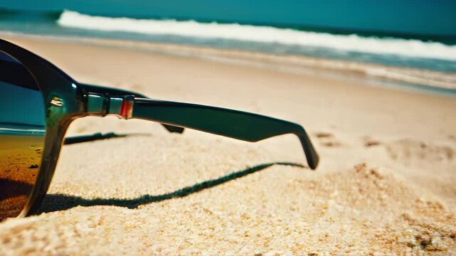 Glimmers of ocean waves reflected in stylish sunglasses resting on warm sand.