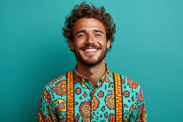 Smiling Young Man in Colorful Patterned Shirt with Turquoise Background