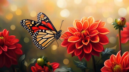 Monarch butterfly on vibrant red dahlia flowers in a garden.