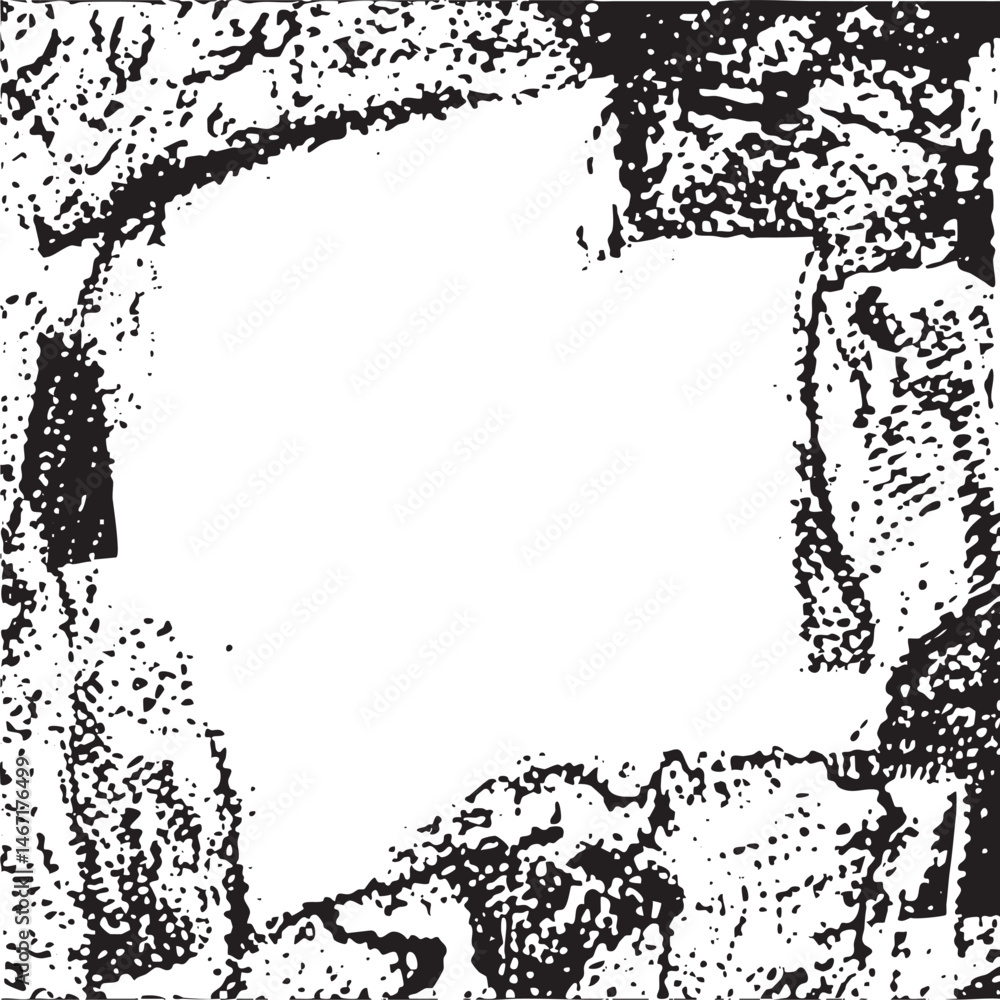 Poster a grayscale depicts a textured ornate frame surrounding an empty white space.
