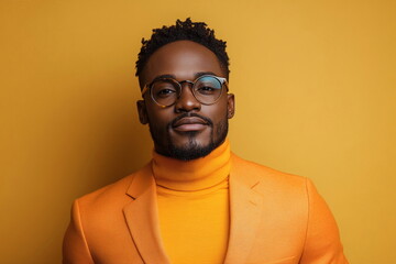 Fototapeta premium Confident Man in Stylish Orange Suit with Turtleneck on Bright Yellow Background