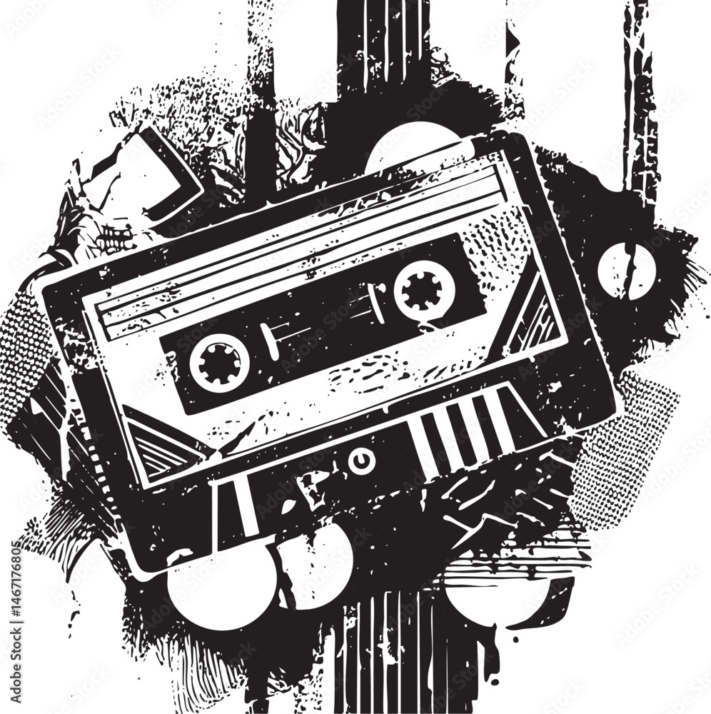 Poster a fragmented cassette tape dominates a textured distressed background.