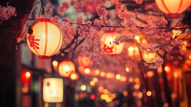 Cherry Blossom Festival Street Filled with Glowing