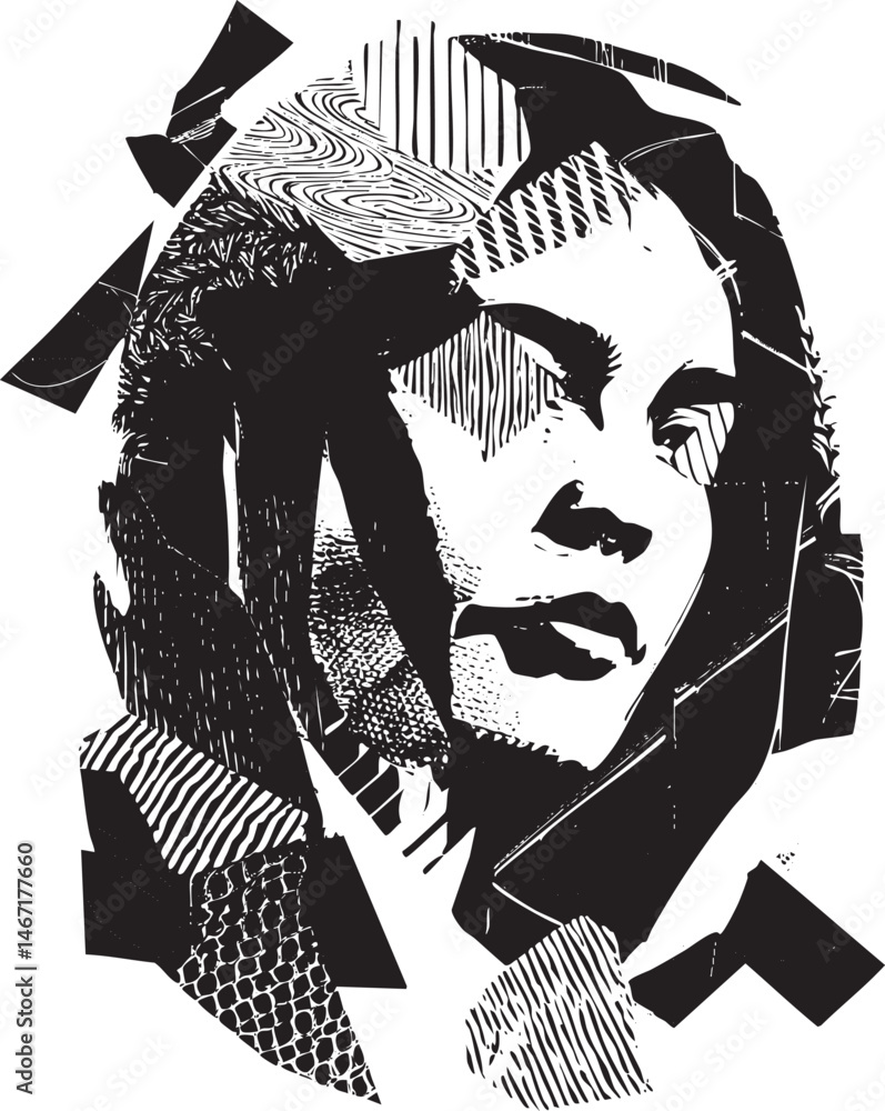 Poster a grayscale portrait of a woman’s face is constructed from angular overlapping geometric shapes.