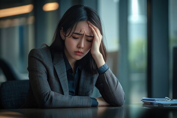 Stressed Businesswoman in Office with Head in Hands and Thoughtful Expression