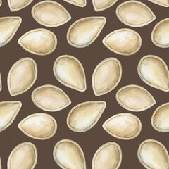 Seamless pattern watercolor pumpkin seeds on a brown background. Hand-drawn illustration for paper, fabric, design, wrapper, cover, flyer, for cookbook or kitchen.
