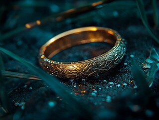Ornate Gold Ring in Dark Grass Closeup