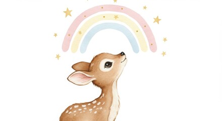 Fawn Under Pastel Rainbow Watercolor Painting - A cute fawn looks up at a pastel rainbow, symbolizing hope, dreams, magic, innocence, and wonder. Perfect for nursery decor
