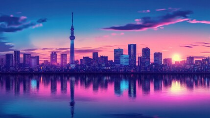 Fototapeta premium Futuristic Tokyo Skyline with Neon Reflections Ultra