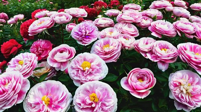 A stunning display of colorful roses and peonies fills the garden with beauty and fragrance.