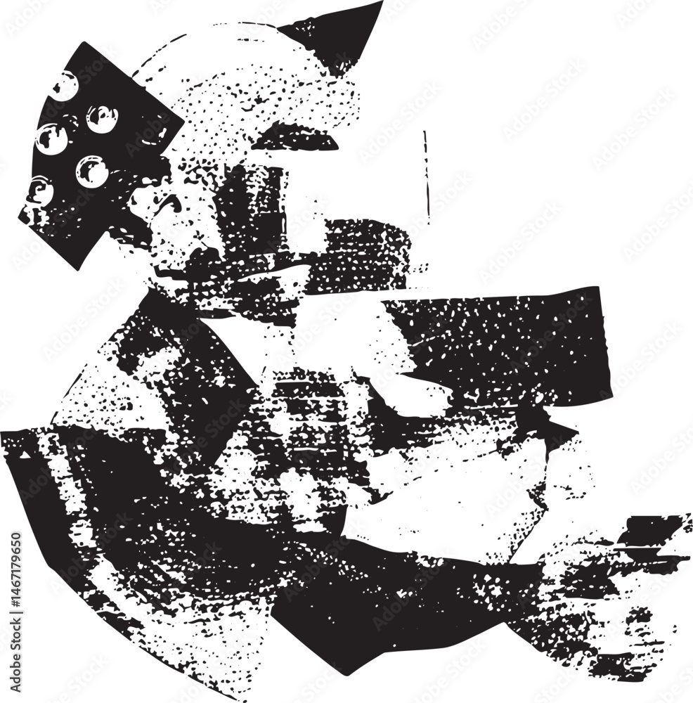 Poster a grayscale portrait of a figure constructed from fragmented geometric shapes.