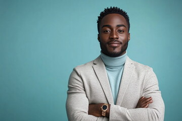 Fototapeta premium Confident Young Man in Stylish Attire with Turquoise Background Exuding Professionalism