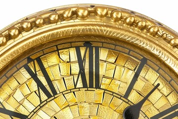 Naklejka premium Vintage clock close-up with ornate details and Roman numerals.