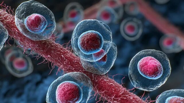 Close-up visualization of cells interacting with textured vascular structures, creating an abstract micro-environment in a blue tinted microscopic scene.