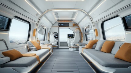 Fototapeta premium Luxurious, modern cabin interior with comfortable seating, technological displays, and panoramic views