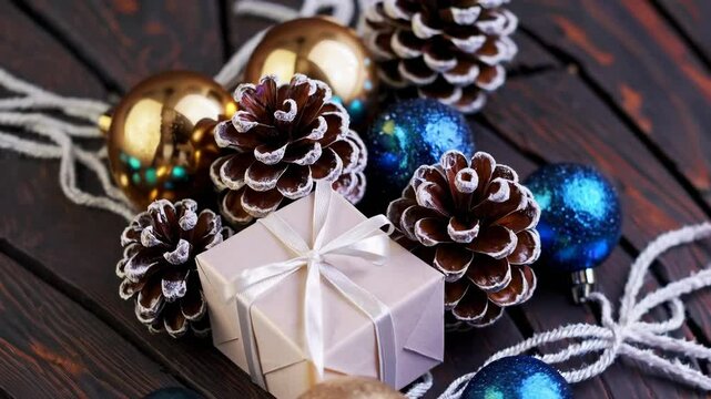 Festive gift arrangement with pinecones and ornament balls on dark wood surface