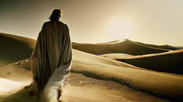 A person strolls through the peaceful desert, with dunes and a warm sunset ahead.