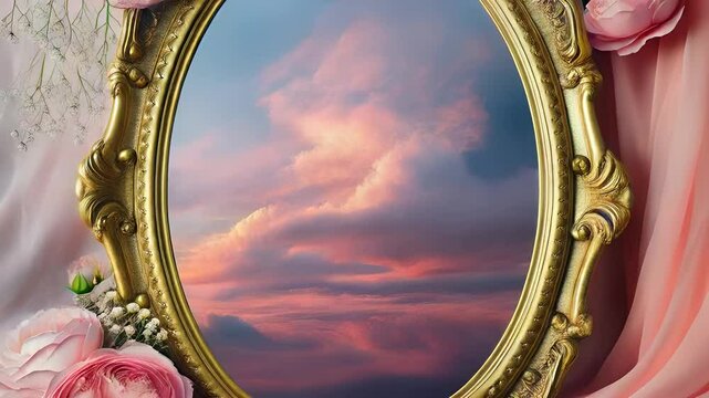 A stunning sunset reflects in a floral-adorned mirror, lighting up the sky.