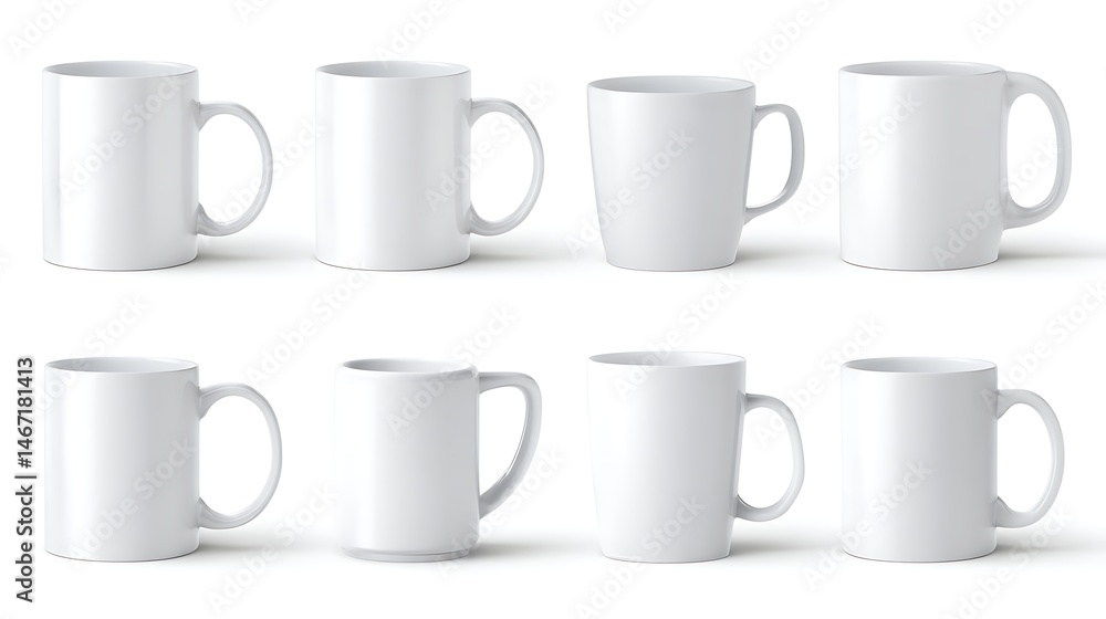 Aufkleber set of white ceramic mugs with different shapes, side view isolated on transparency background