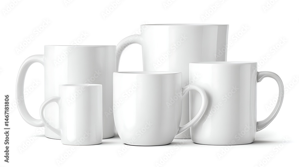 Aufkleber set of white ceramic mugs with different shapes, side view isolated on transparency background