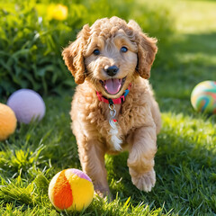 Fototapeta premium Mini Goldendoodle Puppy Playing with Colorful Balls on Grass
