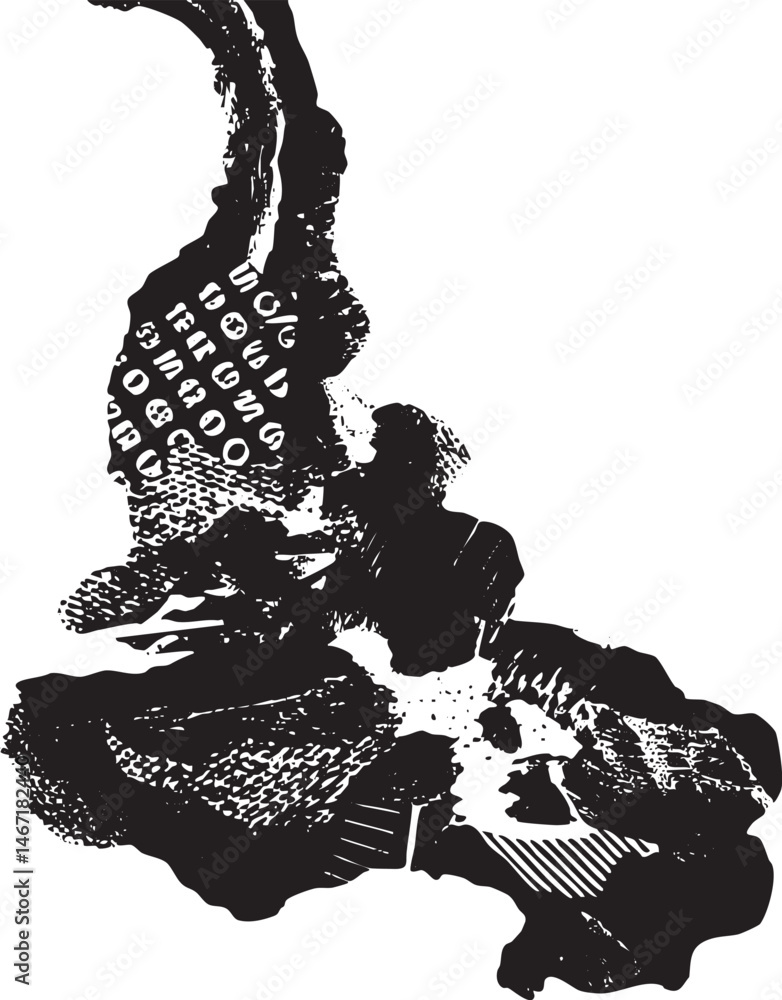 Poster a stark black and white depicts a fragmented skull resting on a textured uneven surface.