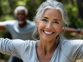 Obraz premium an elderly woman doing stretching exercises outdoors, smiling and happy with her arm outstretched to the side in front of another person who is also practicing dancing in a park environment