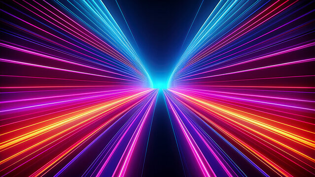 Abstract tunnel of a multicolor spectrum background. Bright rays of neon light and colorful glowing lines moving speed through the dark. 3d render