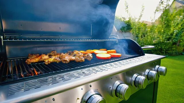 Juicy meat and vibrant fruits grilling over an open flame in a serene garden.