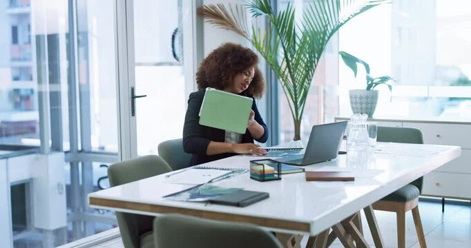 Phone call, stress and business black woman on laptop for planning, online consulting and discussion. Corporate, overwhelmed and person on tablet busy for project deadline, contact and multitask