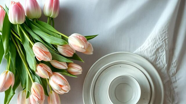 A minimalist Easter table setting styled with white ceramics and soft pink tulips. background