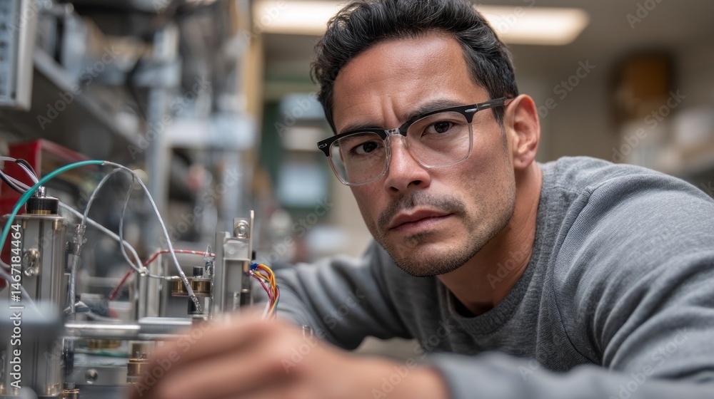 Aufkleber Hispanic engineer in glasses is working in a laboratory setting, concentrating on complex instruments and electronics to develop new engineering solutions during a busy workday