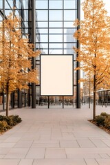 Blank billboard between autumn trees, modern building backdrop