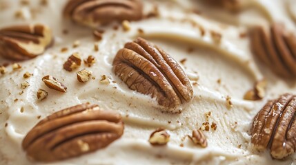 64. Close-up view of brown butter pecan ice cream with a creamy texture and pecan topping