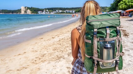 Woman with a green backpack enjoying a sunny beach day by the sea
