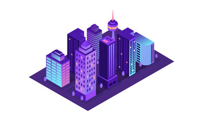 Isometric vector illustration of a modern city skyline with high-rise buildings in neon night colors. Ideal for smart city concepts, urban design, infographics, technology platforms, web interfaces