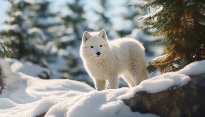 A Arctic fox stand in the middle of a snowy pine and rock forest