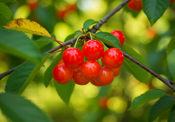 Obraz premium Vibrant Red Cherries Cluster on Branch Lush Green Leaves Summer Orchard