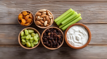 Balanced snack tray featuring nuts dried fruits and fresh vegetables