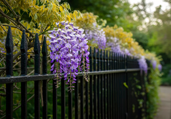 Obraz premium Wisteria Flowers Blooming on Black Metal Fence Spring Garden