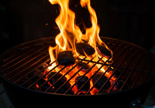 Burning Charcoal Briquettes on a Grill Glowing Embers Barbecue Summer Night - Powered by Adobe