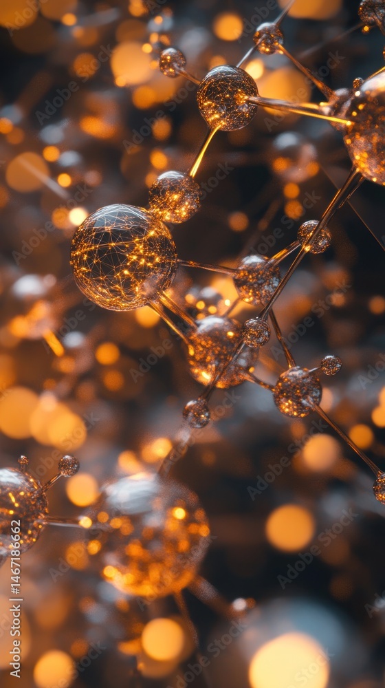 Poster abstract 3d rendering of interconnected glowing spheres, resembling a molecular structure or network